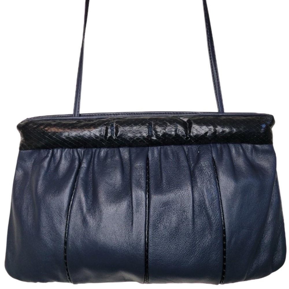 Vintage Andé Navy Blue Clutch Crossbody Bag with Black Snakeskin Trim